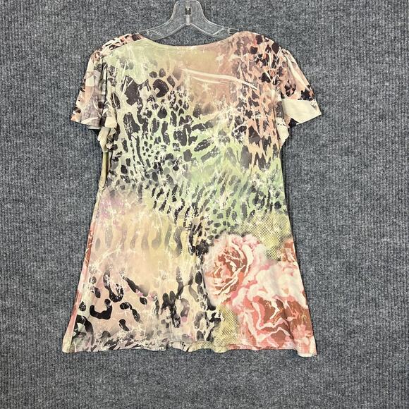 Unity Women Floral Blouse Top Size Large Petite Bohemian Artsy Lace Trim Stretch - Picture 2 of 9